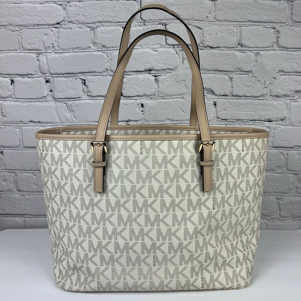 Michael Kors Jet Set Travel Large Tote Vanilla Signature MK Logo Shoulder Bag - Picture 2 of 7